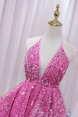 Gown, Pink V-Neck Sequins Short Prom Dress, Pink A-Line Backless Party Dress