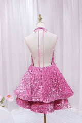 Maxi Dress, Pink V-Neck Sequins Short Prom Dress, Pink A-Line Backless Party Dress