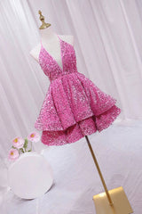 Gold Prom Dress, Pink V-Neck Sequins Short Prom Dress, Pink A-Line Backless Party Dress