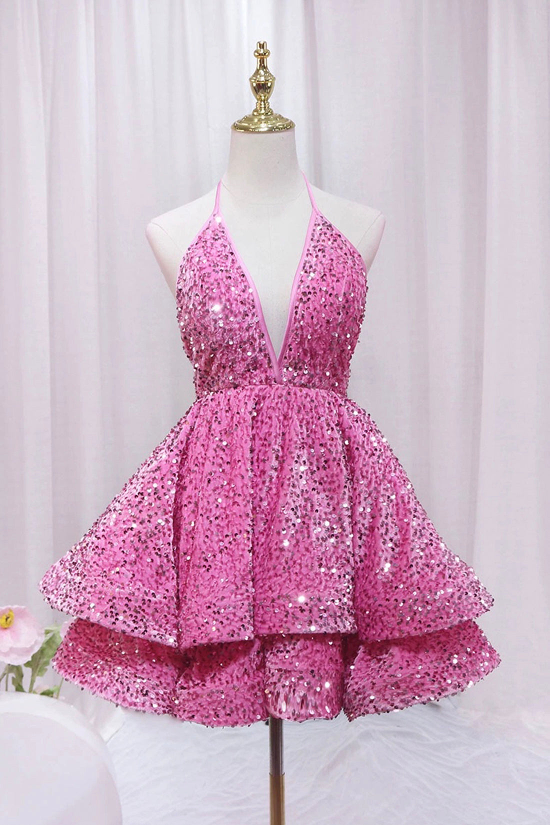 Cute Dress, Pink V-Neck Sequins Short Prom Dress, Pink A-Line Backless Party Dress