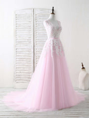 Bridesmaids Dress Pink, Pink V Neck Tulle Lace Applique Long Prom Dress Pink Evening Dress