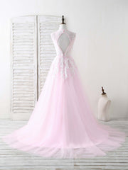 Bridesmaids Dresses Pink, Pink V Neck Tulle Lace Applique Long Prom Dress Pink Evening Dress