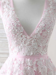 Bridesmaid Dresses Mismatched Spring Wedding Colors, Pink V Neck Tulle Lace Applique Long Prom Dress Pink Evening Dress