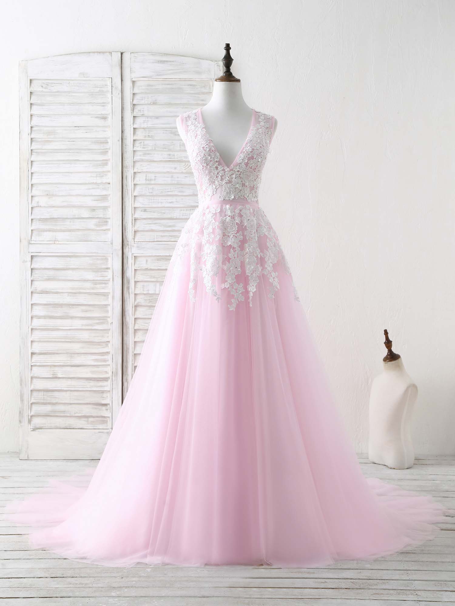 Bridesmaid Dress Pink, Pink V Neck Tulle Lace Applique Long Prom Dress Pink Evening Dress