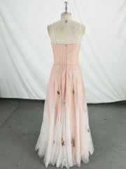 Prom Dresses Patterns, Pink V Neck Tulle Long Prom Dress, Pink Tulle Evening Dress