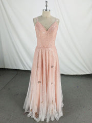 Prom Dresses Pattern, Pink V Neck Tulle Long Prom Dress, Pink Tulle Evening Dress
