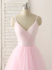 Cute Summer Dress, Pink V Neck Tulle Long Prom Dress Simple Pink Tulle Evening Dress