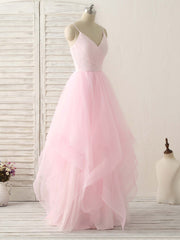 Homecoming, Pink V Neck Tulle Long Prom Dress Simple Pink Tulle Evening Dress