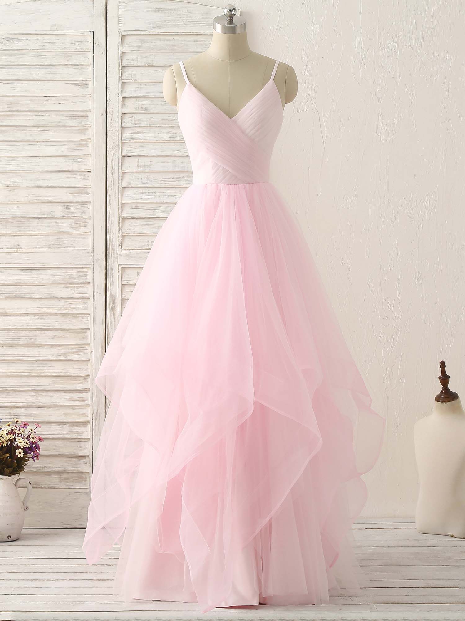Prom Ideas, Pink V Neck Tulle Long Prom Dress Simple Pink Tulle Evening Dress