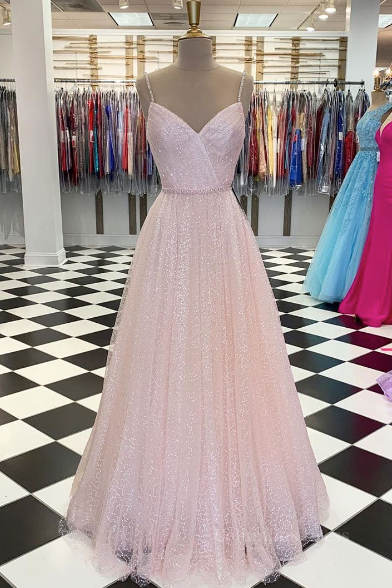 Prom Dress Sales, Pink v neck tulle sequin long prom dress pink tulle formal dress