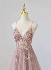 Bridesmaids Dress Beach, Pink V-neckline Beaded Straps Floor Length Party Dress, Pink Long Formal Dress
