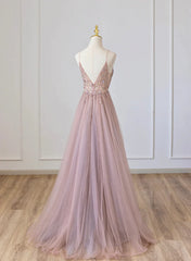 Bridesmaid Dress Beach, Pink V-neckline Beaded Straps Floor Length Party Dress, Pink Long Formal Dress