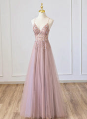Bridesmaid Dress Style Long, Pink V-neckline Beaded Straps Floor Length Party Dress, Pink Long Formal Dress