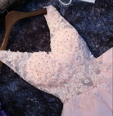 Evening Dresses Yde, Pink V-neckline Flowers and Lace Applique Party Dress, Short Prom Dress