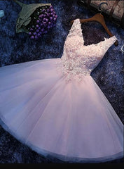 Evening Dress Dresses, Pink V-neckline Flowers and Lace Applique Party Dress, Short Prom Dress