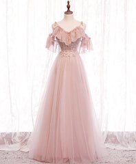 Bridesmaids Dress Purple, Pink V-neckline Lace Off Shoulder Long Party Dress, Pink Floor Length Formal Dress