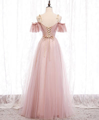 Wedding Color, Pink V-neckline Lace Off Shoulder Long Party Dress, Pink Floor Length Formal Dress