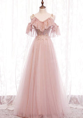 Bridesmaid Dress Purple, Pink V-neckline Lace Off Shoulder Long Party Dress, Pink Floor Length Formal Dress