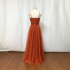 Formal Dress For Beach Wedding, Burnt Orange Tulle Bridesmaid Dress, 2024 Spaghetti Straps Boho