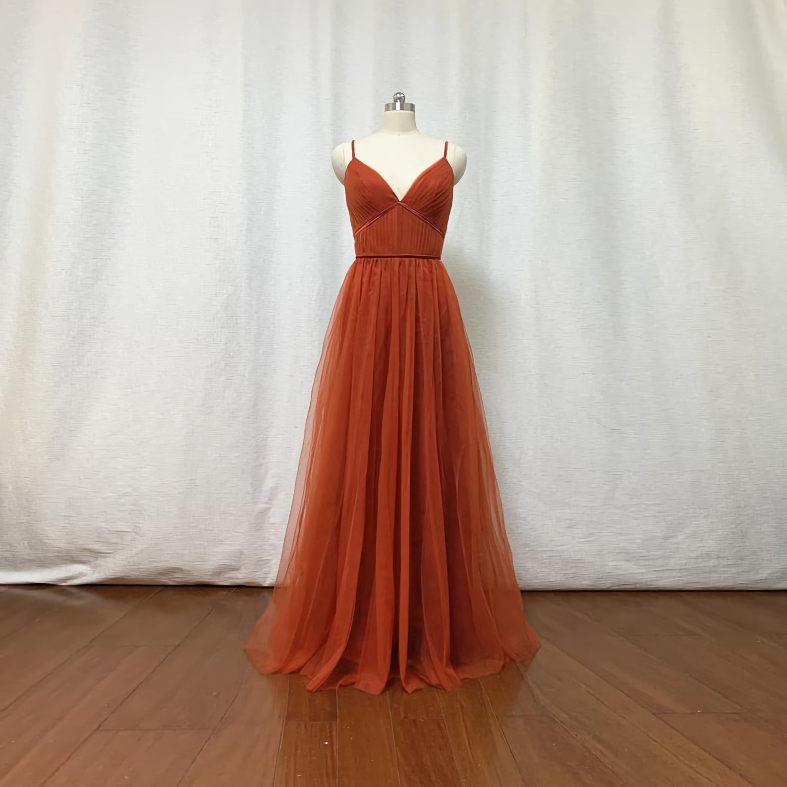 Formal Dress Suits For Ladies, Burnt Orange Tulle Bridesmaid Dress, 2024 Spaghetti Straps Boho