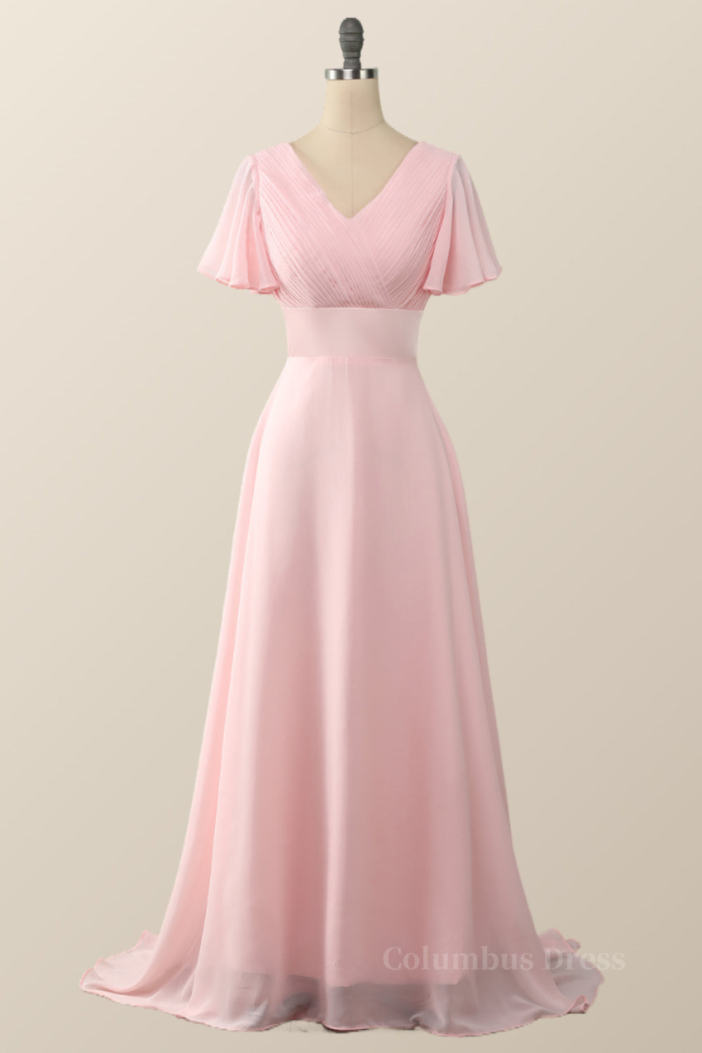 Prom Theme, Pleated Pink Flare Sleeves Chiffon Long Bridesmaid Dress