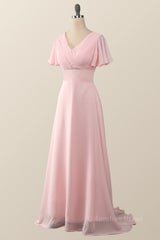Pretty Dress, Pleated Pink Flare Sleeves Chiffon Long Bridesmaid Dress