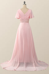 Fancy Dress, Pleated Pink Flare Sleeves Chiffon Long Bridesmaid Dress
