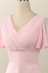 Long Dress, Pleated Pink Flare Sleeves Chiffon Long Bridesmaid Dress