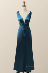 Evening Dress Near Me, Plunge Neck Ink Blue Long Bridesmaid Dress