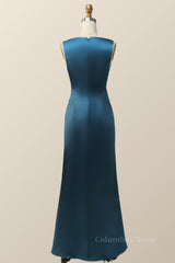 Evening Dresses Sale, Plunge Neck Ink Blue Long Bridesmaid Dress