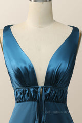 Evening Dress Sale, Plunge Neck Ink Blue Long Bridesmaid Dress