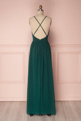 Blue Gown, Plunging Neck A-Line Dark Green Bridesmaid Dress