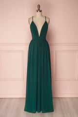 Champagne Prom Dress, Plunging Neck A-Line Dark Green Bridesmaid Dress