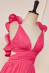 Homecoming Dress Shopping Near Me, Plunging V-Neck Hot Pink Ruffled Straps A-Line Prom Dress