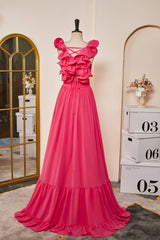 Homecoming Dress Shops Near Me, Plunging V-Neck Hot Pink Ruffled Straps A-Line Prom Dress