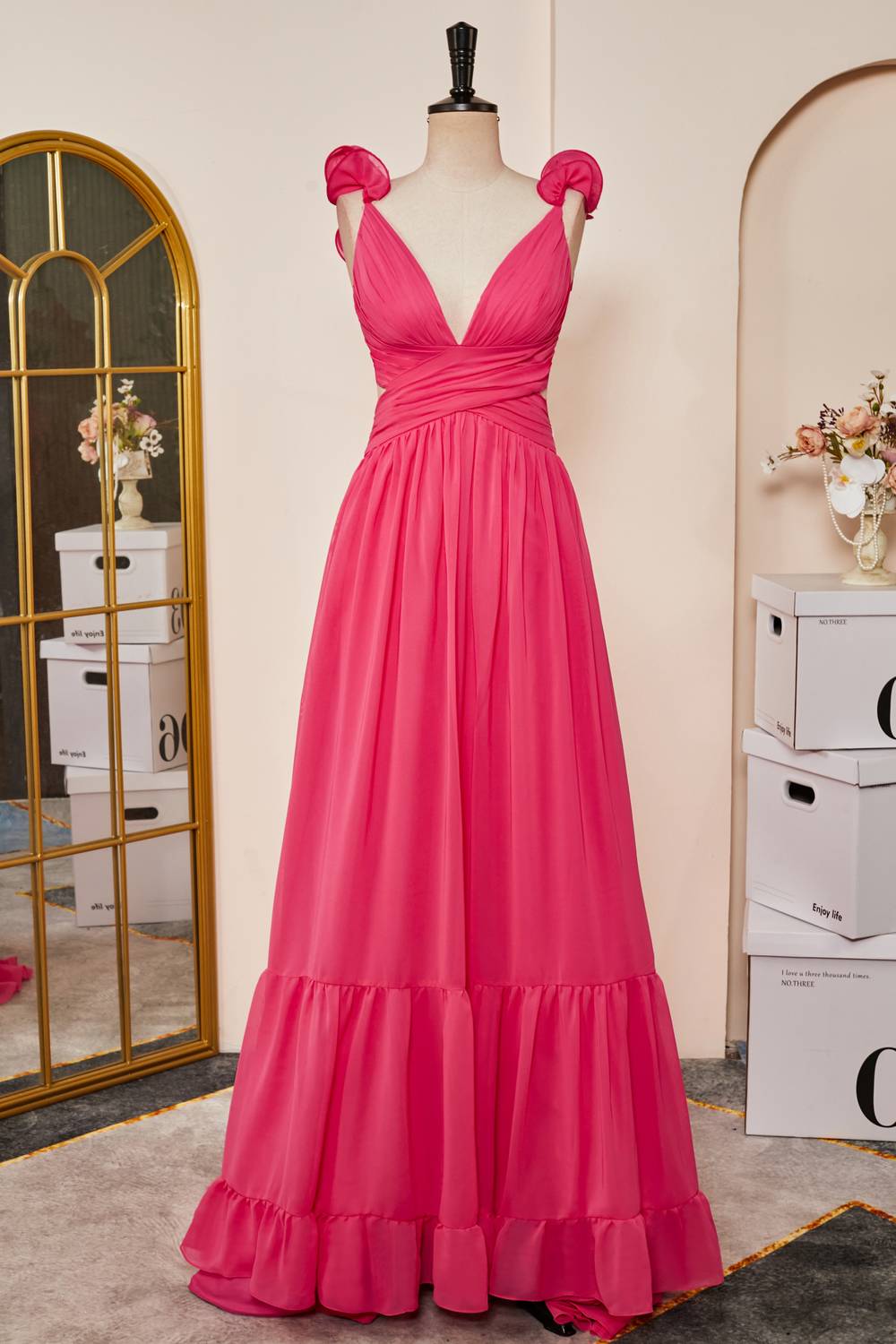 Homecoming Dressed Short, Plunging V-Neck Hot Pink Ruffled Straps A-Line Prom Dress