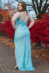 Plus Size Sparkly Sky Blue Sequins Long Prom Dress with Slit