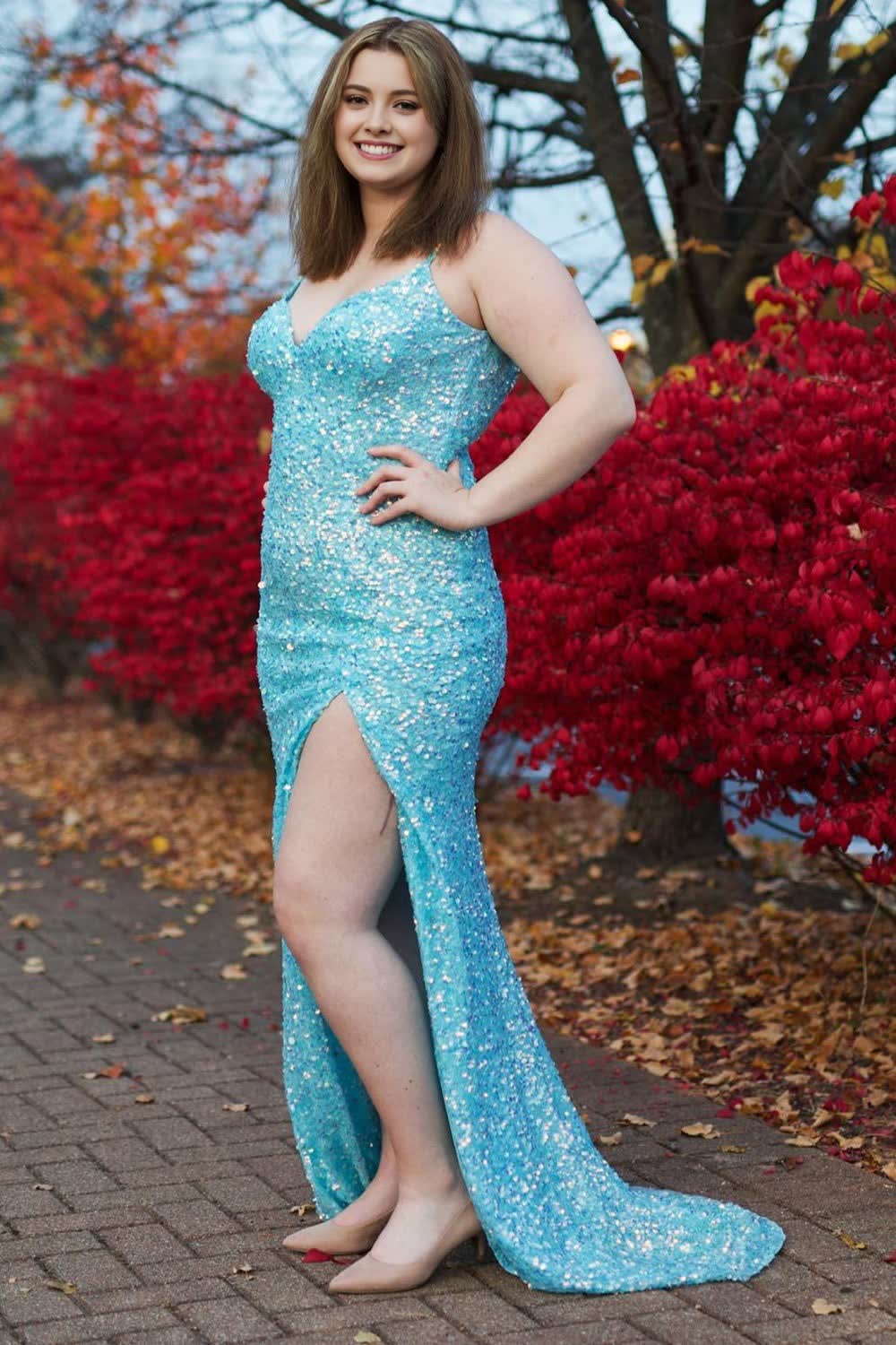 Plus Size Sparkly Sky Blue Sequins Long Prom Dress with Slit