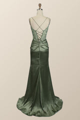Homecoming Dress Sparkles, Sage Green Lace Appliques Mermaid Long Formal Dress