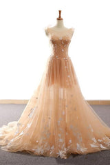Wedding Color Palette, Pretty Champagne Straps Custom Tulle Party Dress, Lace Applique Formal Dress