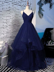 Night Club Outfit, Pretty Navy Blue Tulle Layers Straps Long Party Dress, Blue Prom Dress