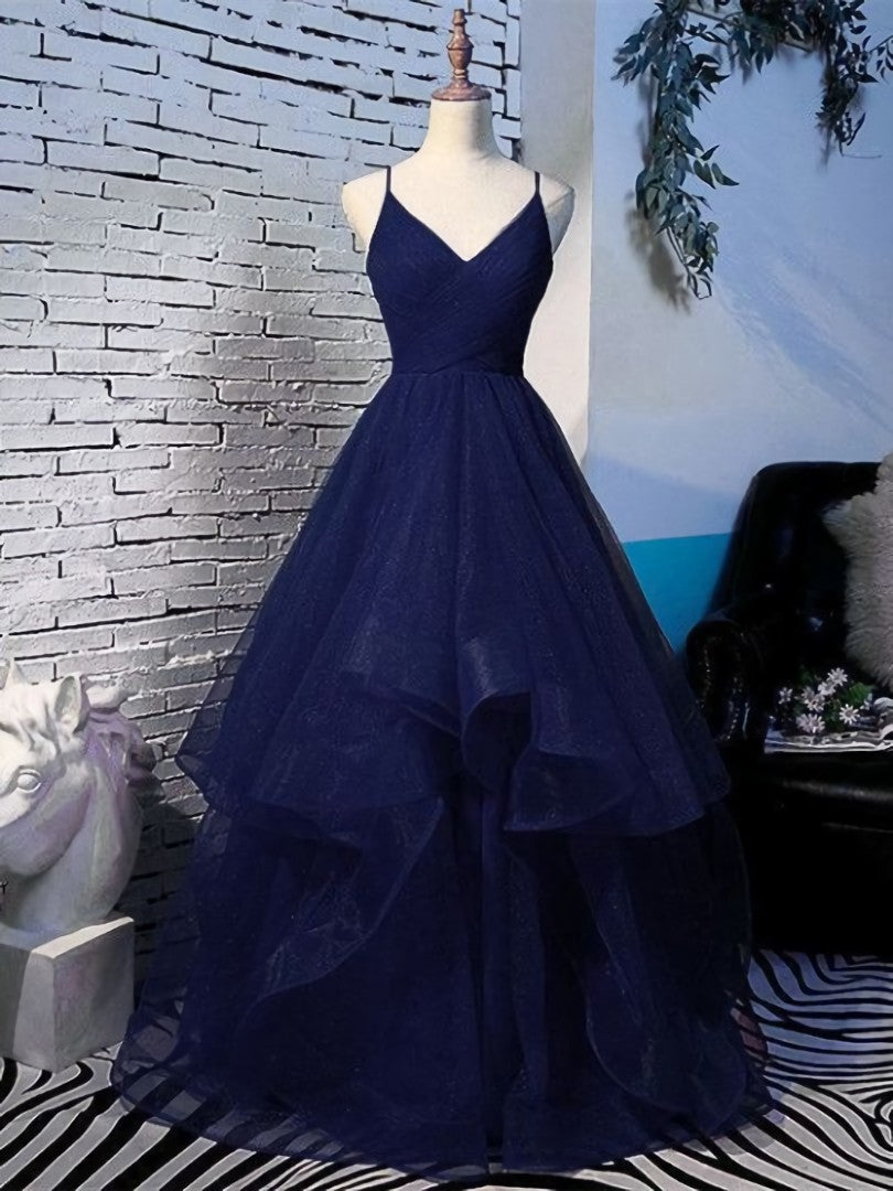 Chic Dress Classy, Pretty Navy Blue Tulle Layers Straps Long Party Dress, Blue Prom Dress