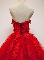 Blue Dress, Pretty Red Sweetheart Strapless Ball Gown Applique Tulle Long Prom Dress,Party Dresses