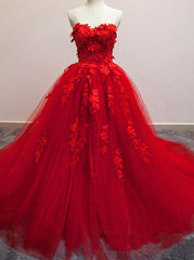 Princess Dress, Pretty Red Sweetheart Strapless Ball Gown Applique Tulle Long Prom Dress,Party Dresses