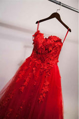 Evening Dress Elegant, Pretty Red Sweetheart Strapless Ball Gown Applique Tulle Long Prom Dress,Party Dresses