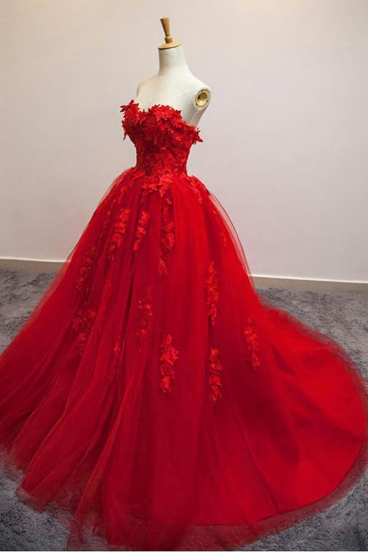 Long Dress, Pretty Red Sweetheart Strapless Ball Gown Applique Tulle Long Prom Dress,Party Dresses
