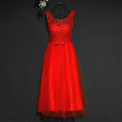 Party Dresses Vintage, Pretty Red Tulle and Lace Tea Length Party Dress, Red Bridesmaid Dress