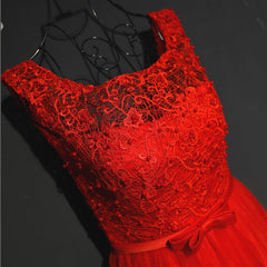 Party Dress Vintage, Pretty Red Tulle and Lace Tea Length Party Dress, Red Bridesmaid Dress