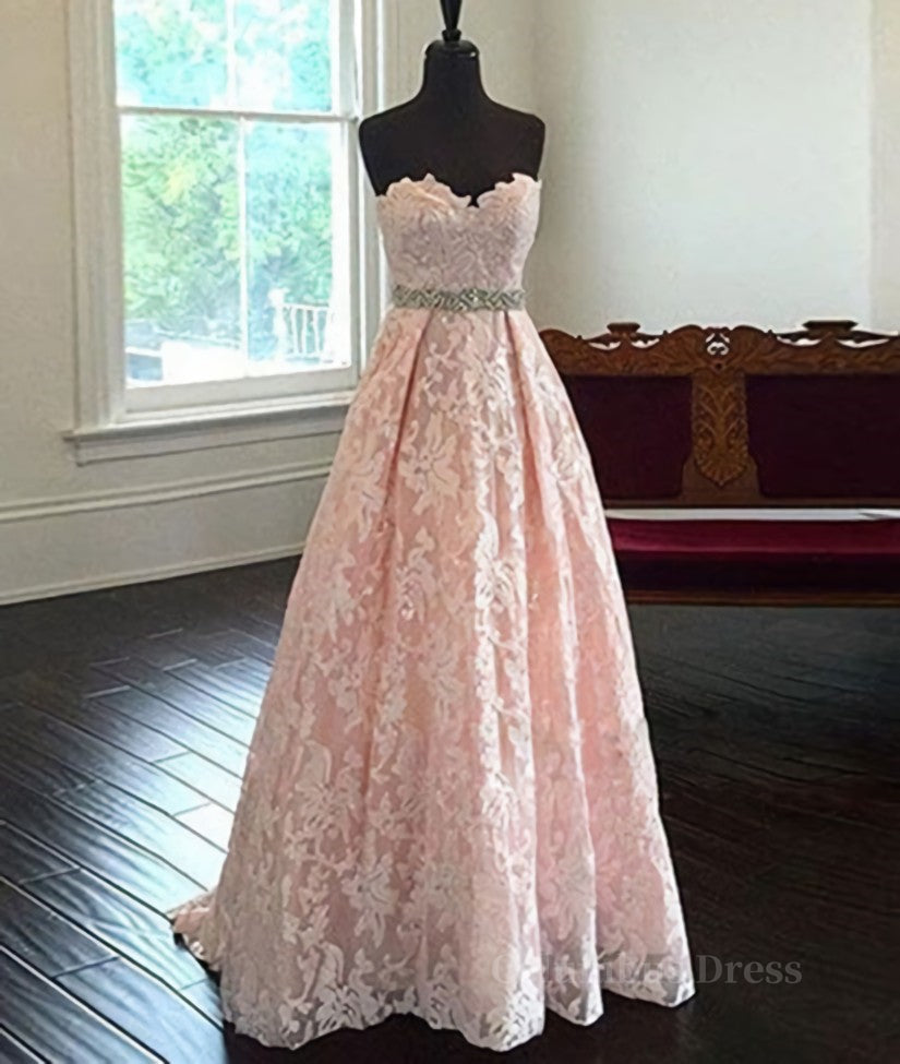 Bridesmaids Dresses Formal, Pretty Sweetheart Neck Pink Lace Prom Dresses, Pink Evening Dresses