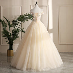 Formal Dresses Short, Pretty Tulle Champagne Off Shoulder  Prom Dress, Flowers Lace Formal Dress